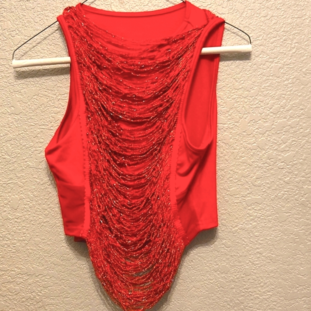 NEW, red Embellished Tank Top with Cascading Fringe.